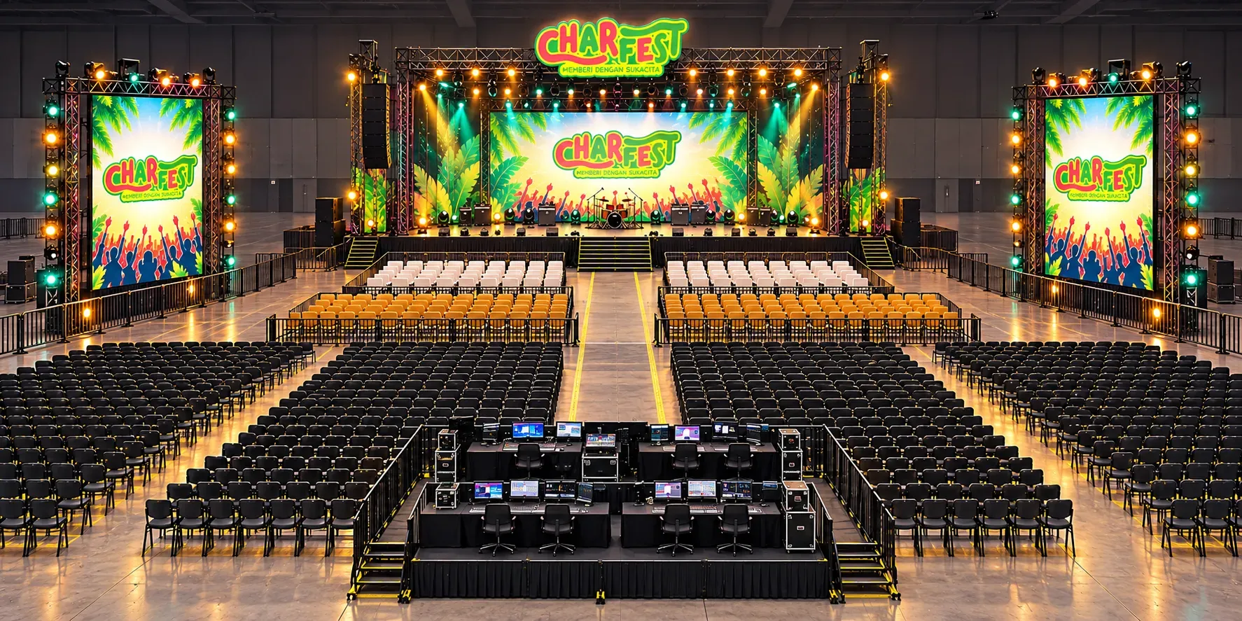 Draft visual panggung CHARFEST: panggung utama dengan layar LED, dua layar samping, area kursi penonton, dan meja FOH di tengah
