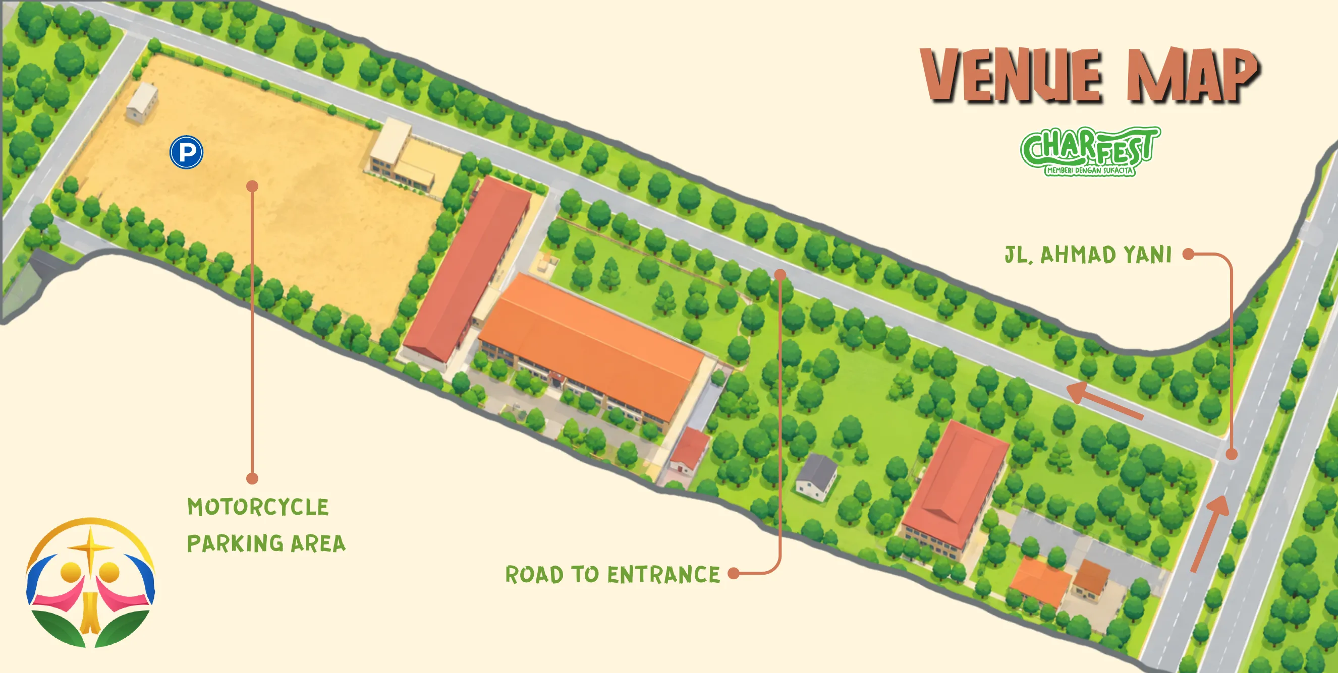 Peta akses CHARFEST: Jl. Ahmad Yani, Road to Entrance, dan Motorcycle Parking Area