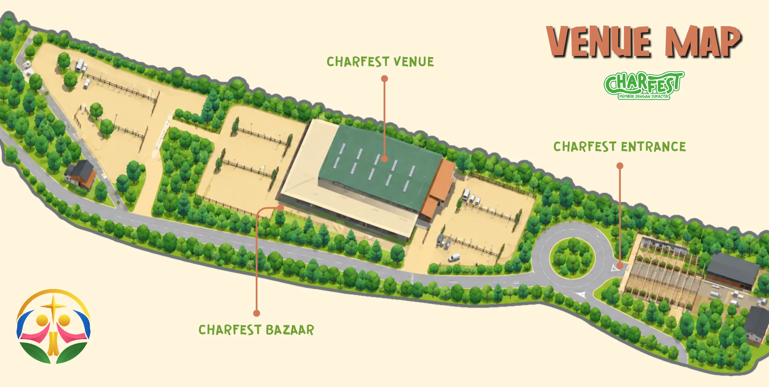 Peta area CHARFEST: Charfest Venue, Charfest Entrance, dan Charfest Bazaar